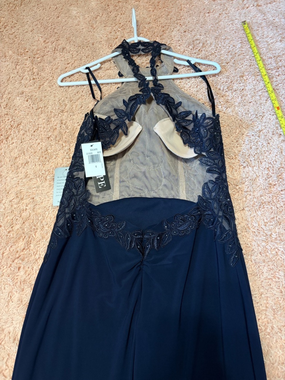 XSCAPE navy halter open back full length lace appliqué beaded prom evening gown - Picture 6 of 17